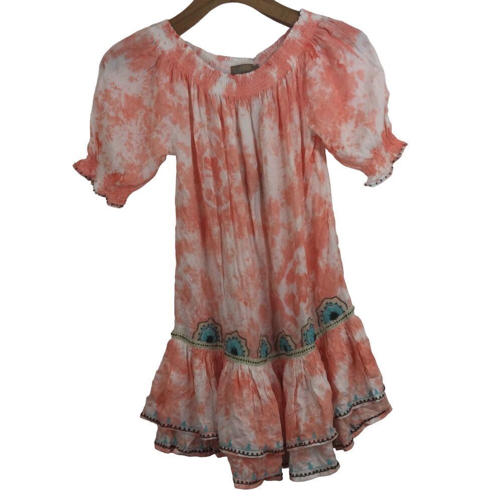Skemo Salmon Girls Mandala Off Shoulder Dress With Turquoise Gold Embroidery XL